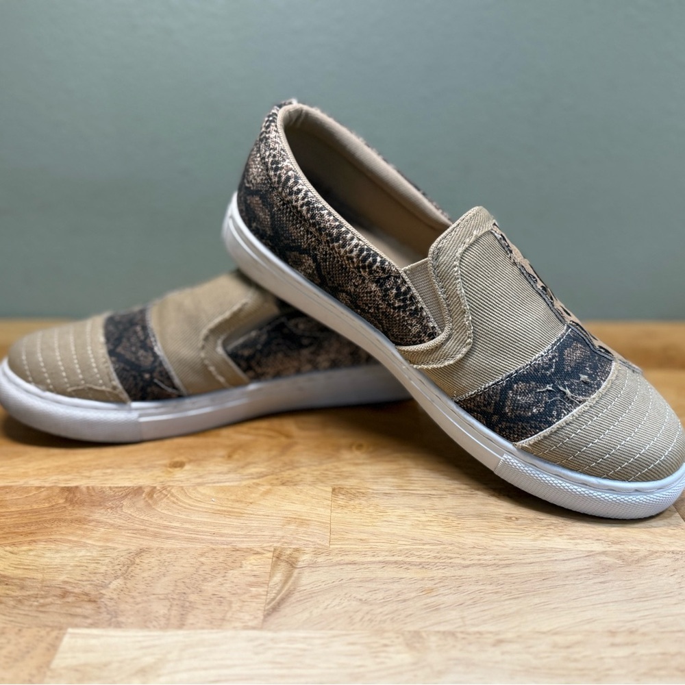 Neutral Tan Slip-On Loafers with Snake Print Accent